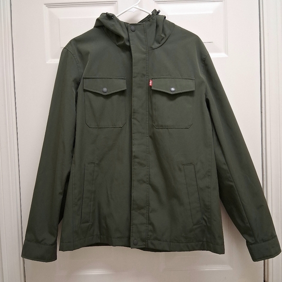 Levis Water Resistant Softshell Mens Hooded Trucker Jacket Olive Green Medium - Picture 1 of 16